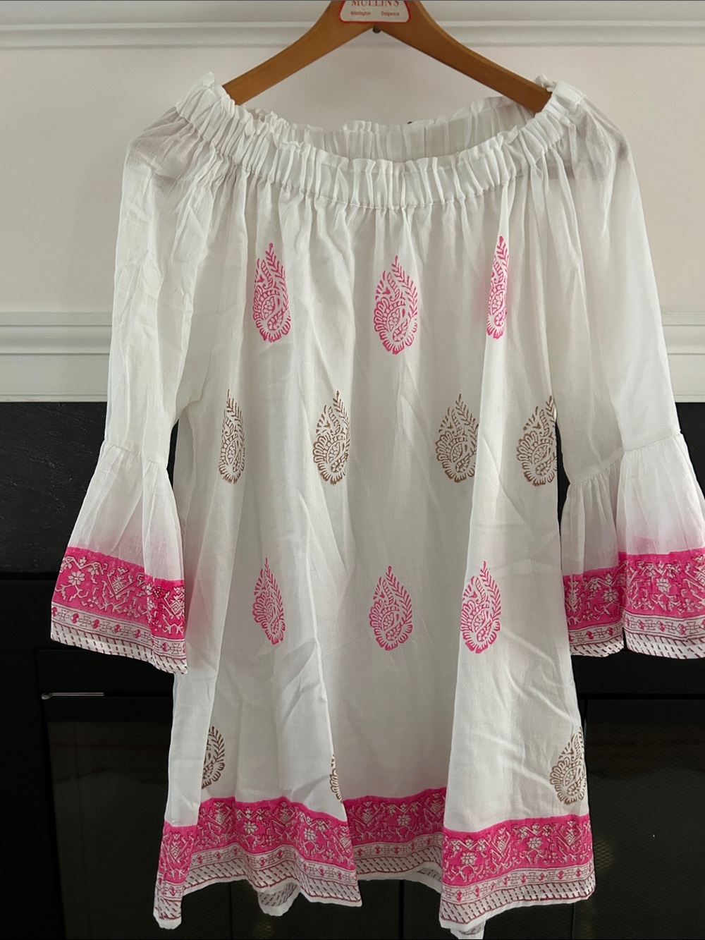 White Off-Shoulder Mini Dress with Pink & Tan Motifs